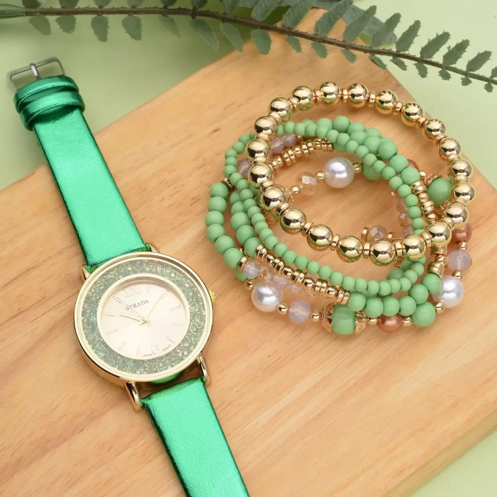 STRADA Green Crystal Japanese Movement Watch with Fine Jewelry Set