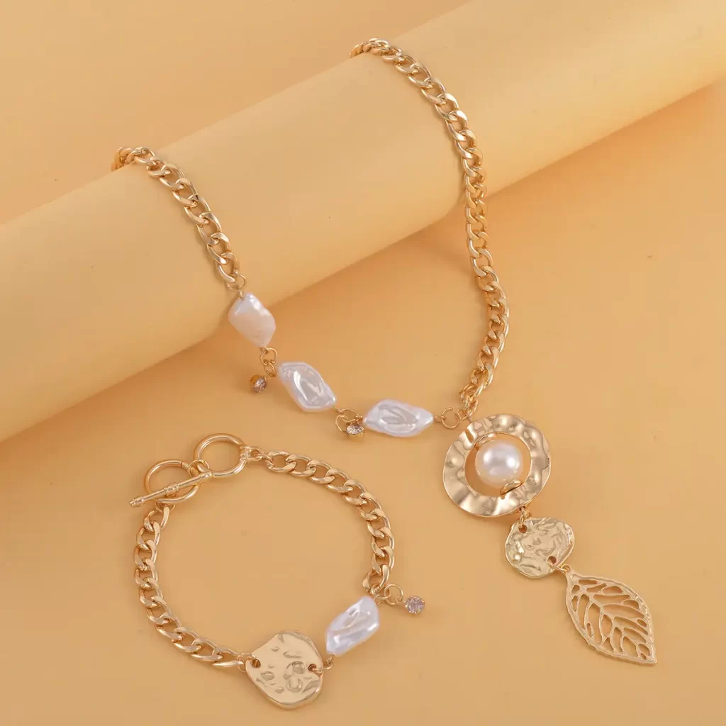 Simulated Pearl and Austrian Crystal Leaf and Necklace