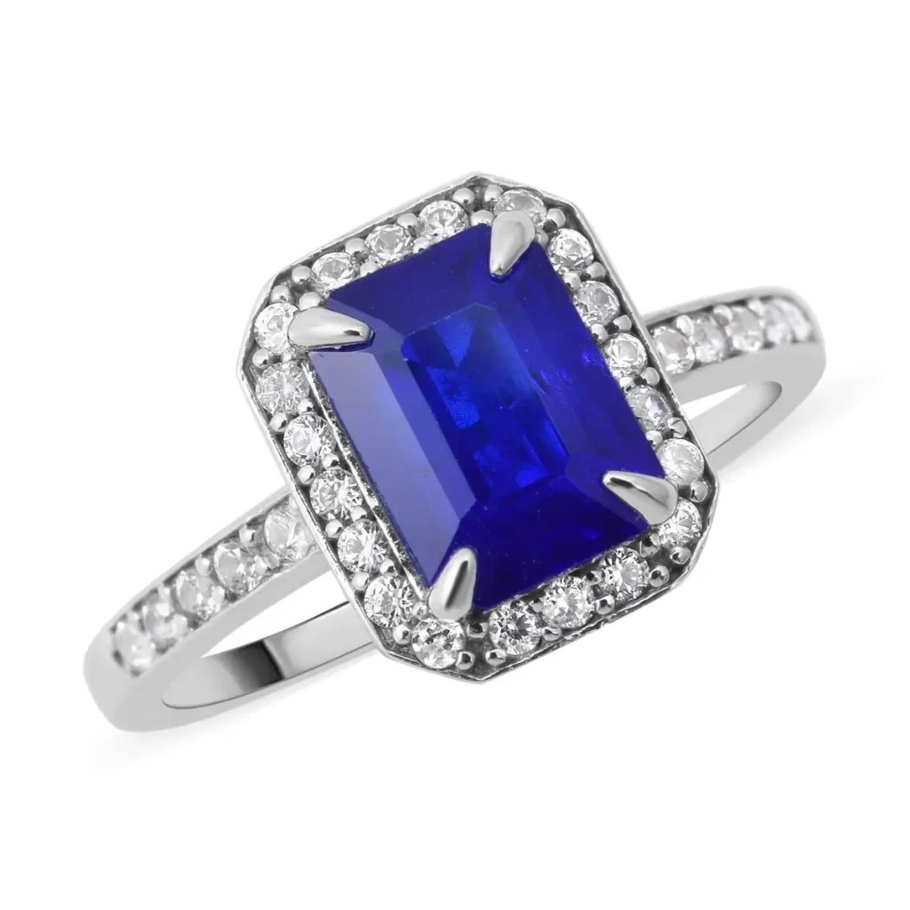Tanzanian Blue Spinel Halo Ring in Platinum