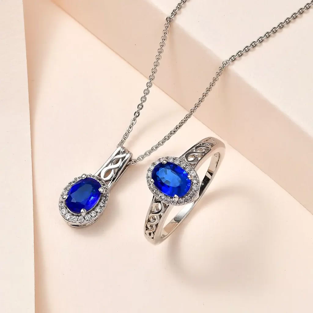 Tanzanian Blue Spinel and White Zircon Ring and Pendant Necklace 20 Inches in Platinum Over Sterling Silver