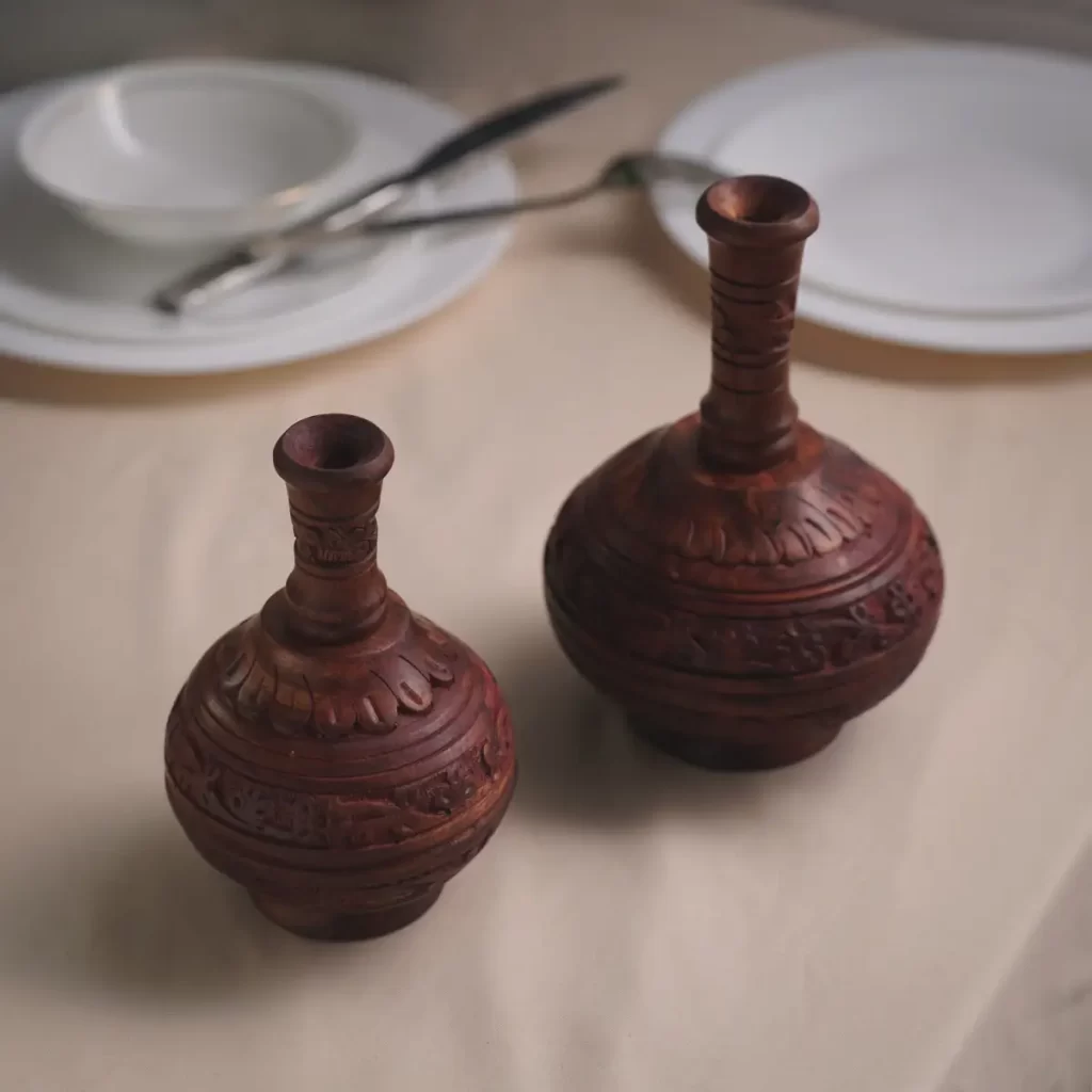 Antique Brown Hand Carved Wooden Flower Vase