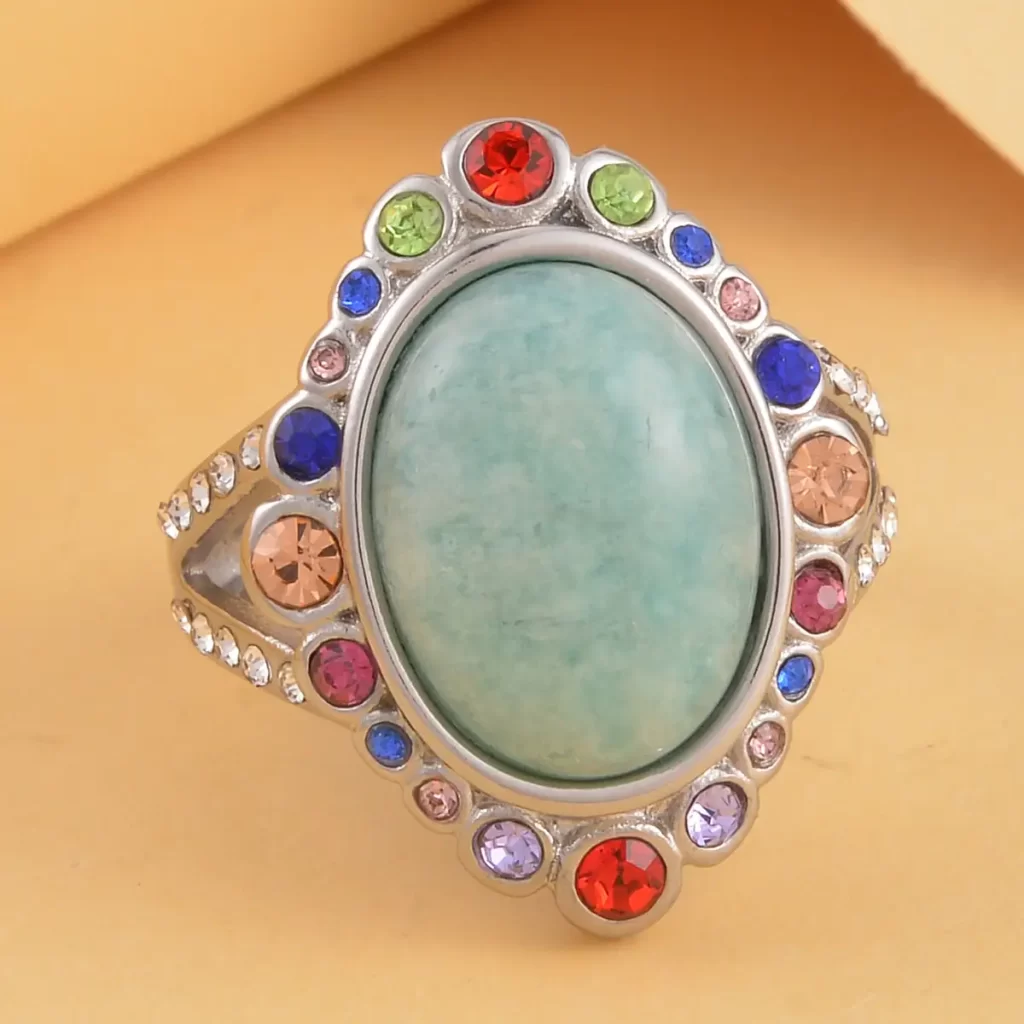 Amazonite and Multi Color Austrian Crystal Halo Ring in Stainless Steel
