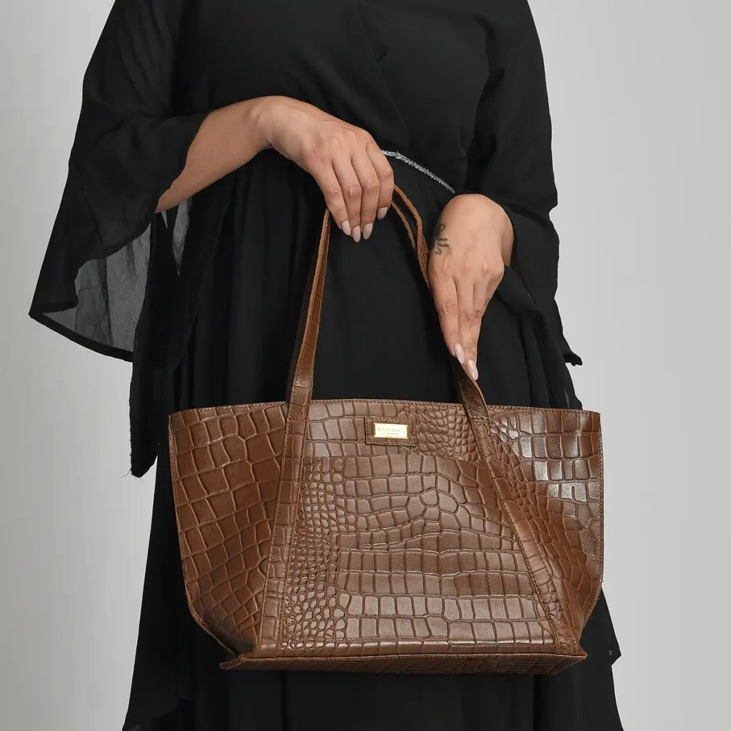Tan Genuine Leather Croco Embossed Tote Bag for Fall Fashion