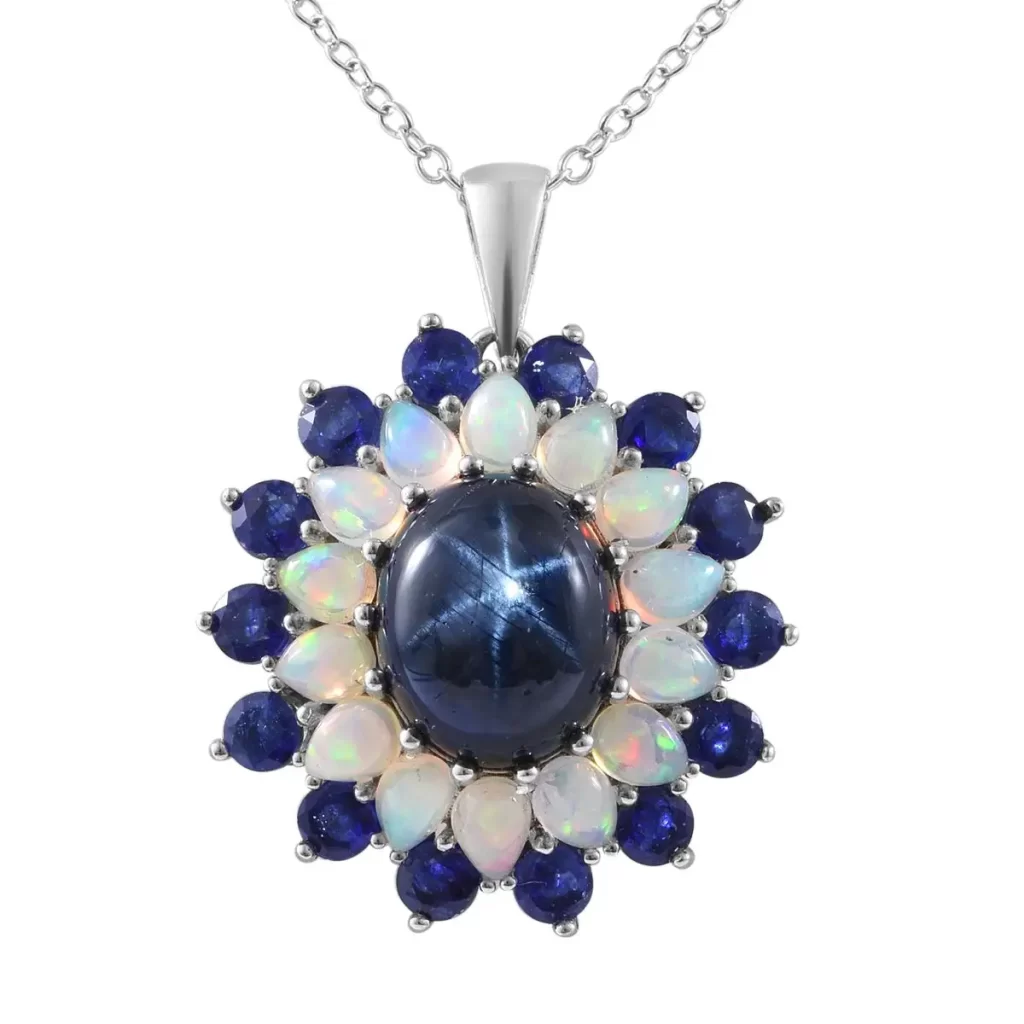 Blue Star Sapphire and Multi Gemstone Floral Pendant Necklace