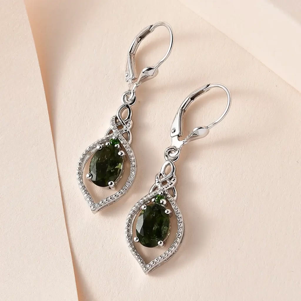 Bohemian Moldavite and Chrome Diopside Dangling Earrings in Platinum Over Sterling Silver