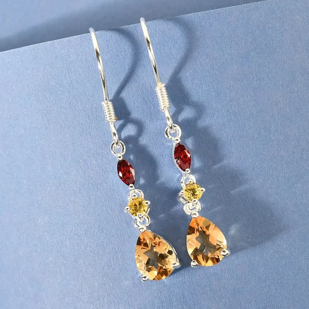 Brazilian Citrine and Simulated Red and Yellow Diamond Earrings in Sterling Silver