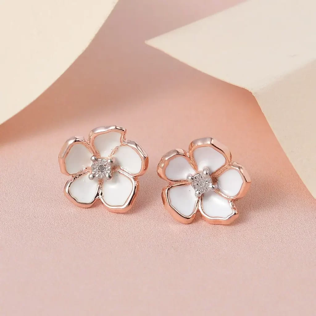 Diamond Accent and Enameled Floral Earrings in 14K Rose Gold Over Sterling Silver