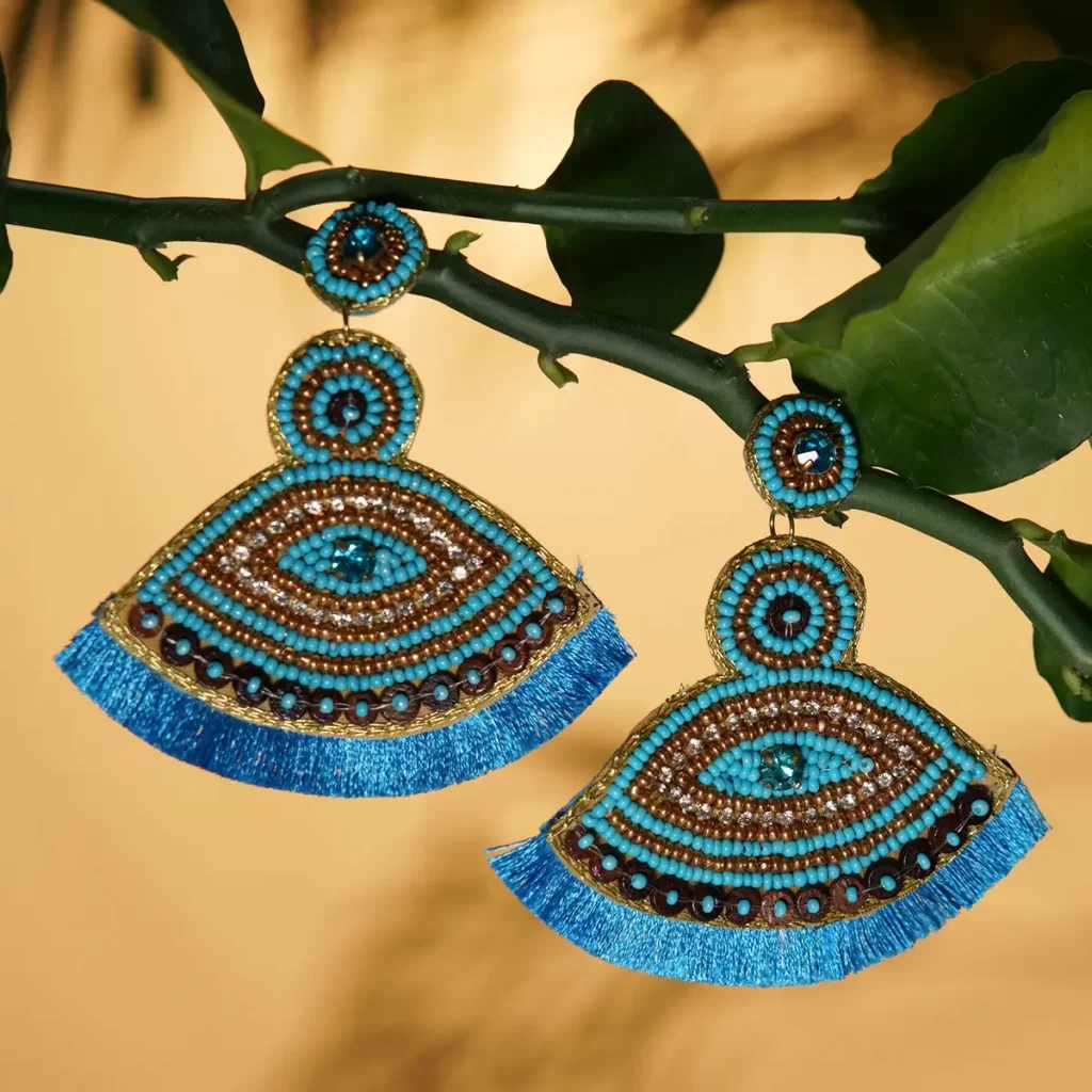 Handcrafted Turquoise Seed Beaded Evil Eye Theme Earrings in Goldtone