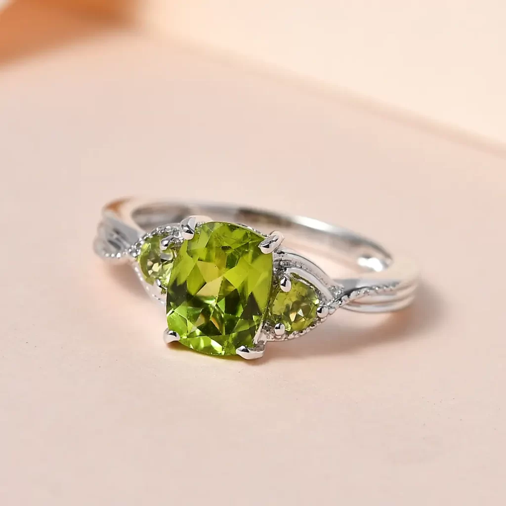 Peridot 3 Stone Ring in Platinum Over Sterling Silver