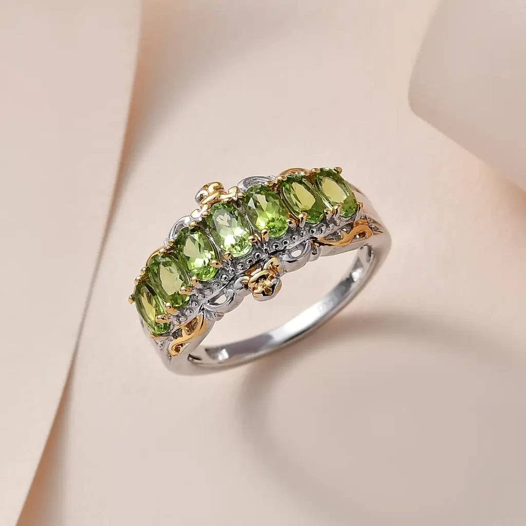 Premium Natural Calabar Green Tourmaline 7 Stone Ring in Vermeil YG and Platinum Over Sterling Silver