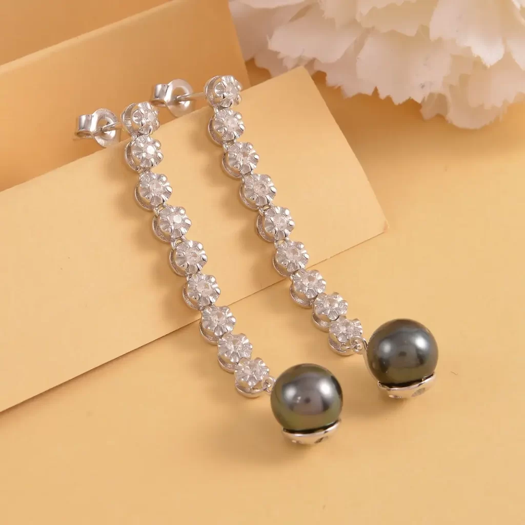 Tahitian Cultured Pearl 8-9mm and White Zircon Earrings in Rhodium Over Sterling Silver