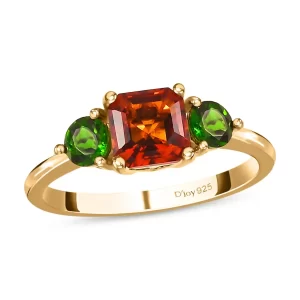 November Birthstone Citrine Asscher Cut Brazilian Cherry Citrine and Chrome Diopside 3 Stone Ring in Vermeil Yellow Gold Over Sterling Silver