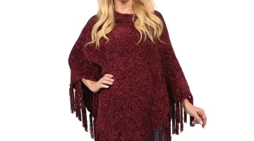 Designer Inspired Perfect Fall Winter Soft Chenille Poncho with Fringe Burgundy