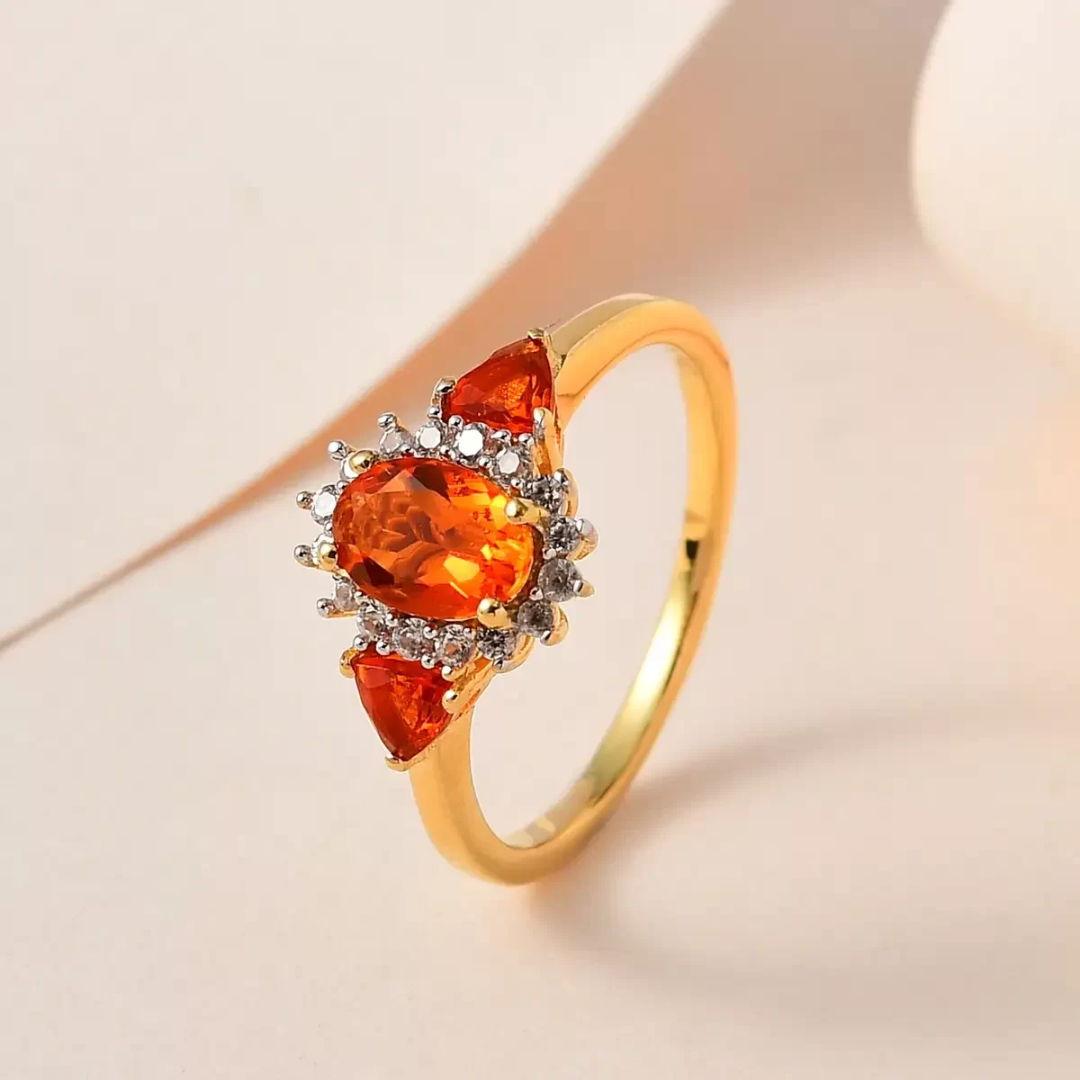 Mexican Fire Opal and White Zircon Floral Ring