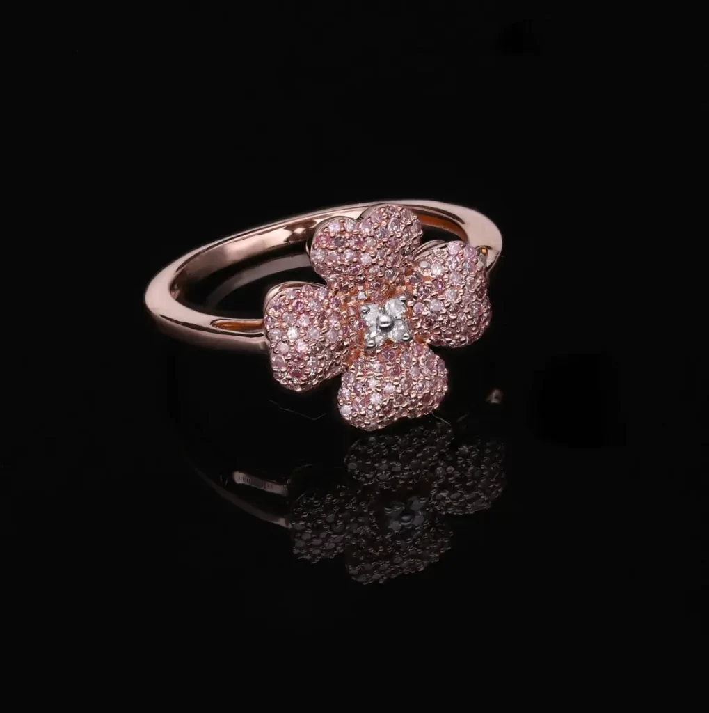 Natural Pink Diamond Ring in Rose Gold and Clover Leaf Ring