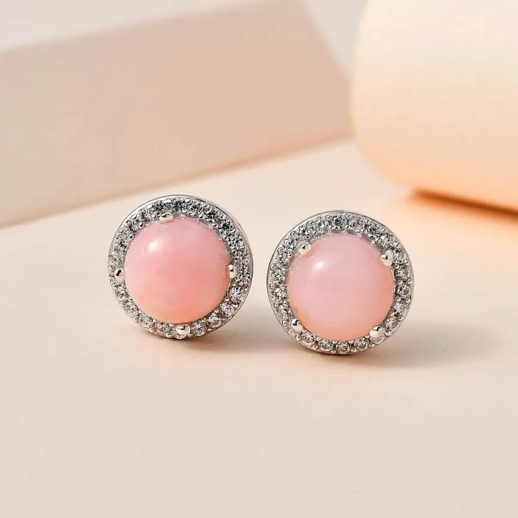 Peruvian Pink Opal and White Zircon Halo Stud Earrings