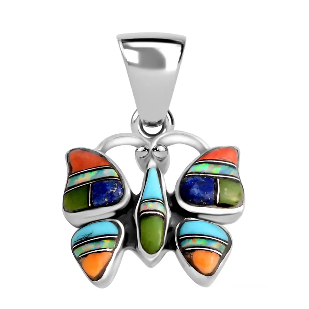 Santa Fe Style Lapis Lazuli and Multi Gemstone Butterfly Pendant in Sterling Silver
