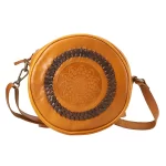 Tan Genuine Leather Weaving Round Crossbody Bag
