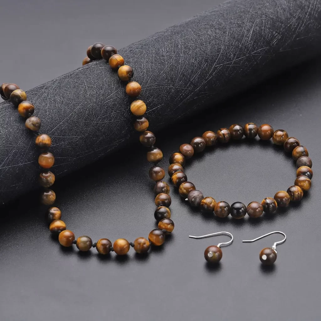Tiger's Eye Beaded Stretch Bracelet, Earrings and Necklace Set