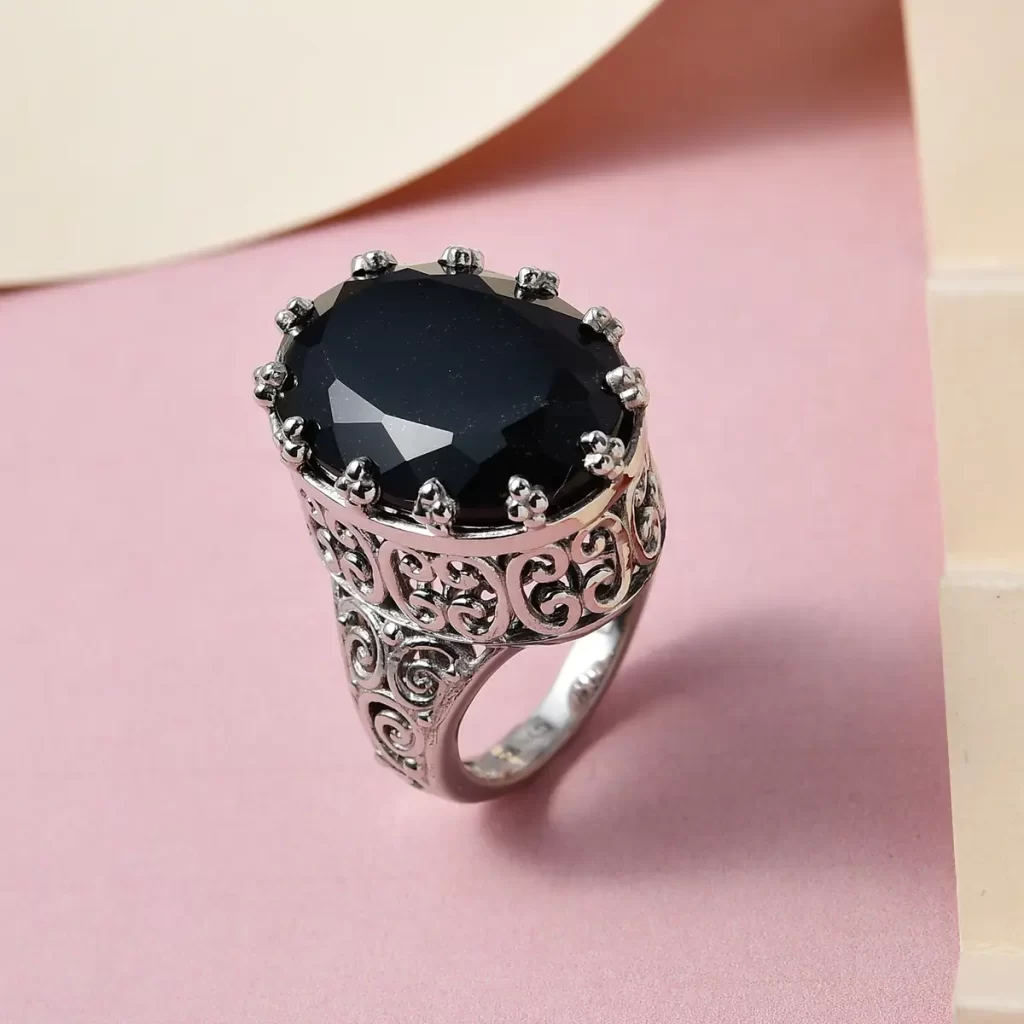Australian Black Tourmaline Solitaire Ring in Platinum Over Sterling Silver