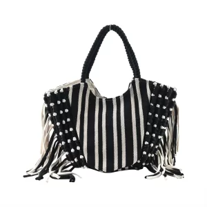 Black and White Stripes Tote Bag with Fringe Boho style bag
