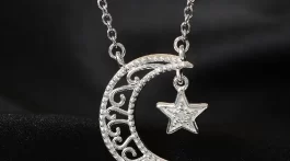 Diamond Accent Star & Half Moon Necklace 18 Inches in Sterling Silver & Stainless Steel