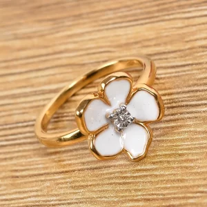 Diamond and Enameled Accent Floral Ring in 14K Yellow Gold Over Sterling Silver