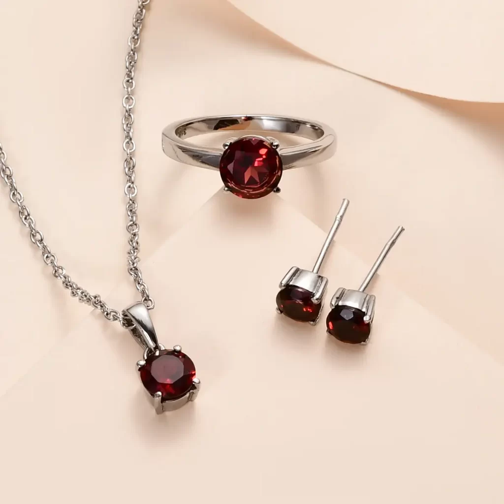 Doorbuster Cyber Week Deals Mozambique Garnet Solitaire Stud Earrings, Ring and Pendant Necklace