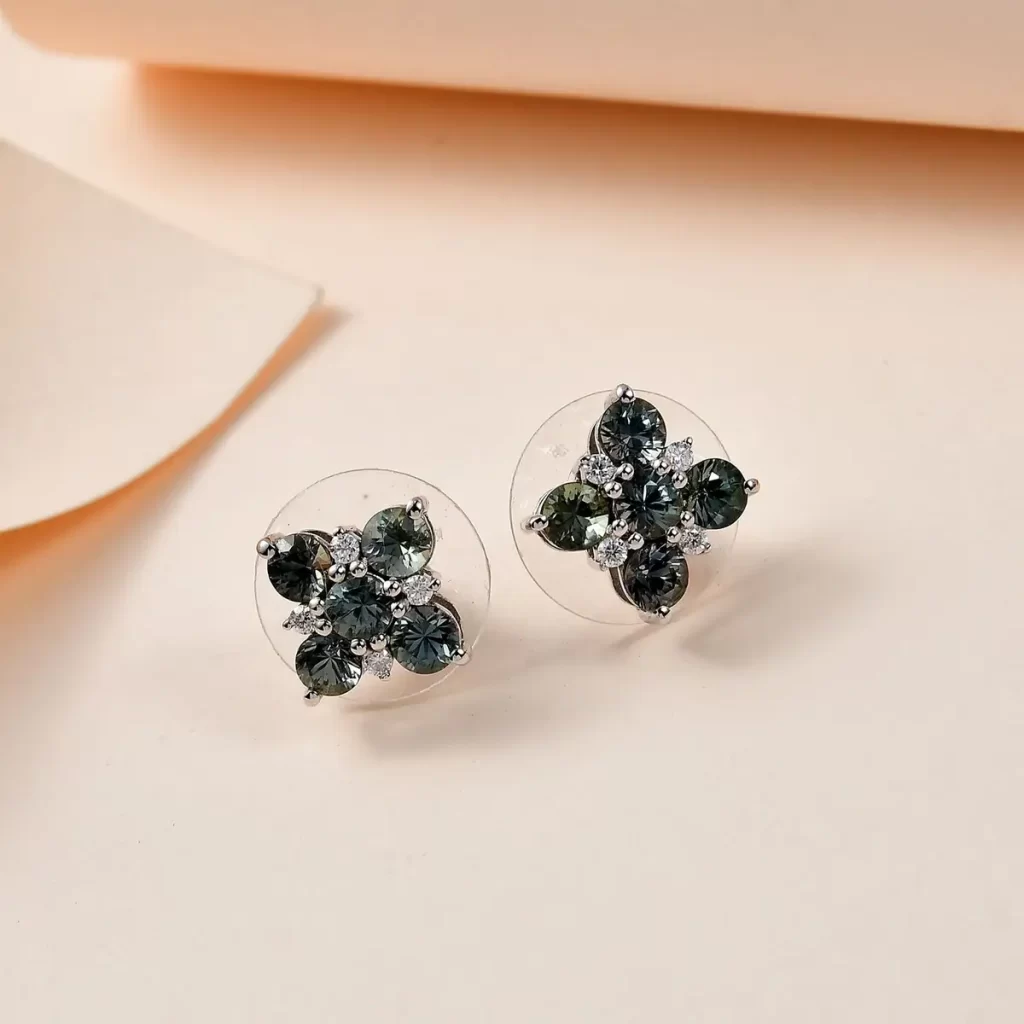Doorbuster Natural Parti Sapphire and Moissanite Floral Stud Earrings in Platinum Over Sterling Silver