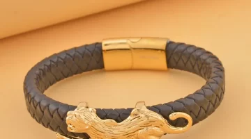 Faux Leather Cord Leopard Men's Bracelet in ION Plated YG Stainless Steel Tarnish-Free, Waterproof, Sweat Proof Jewelry