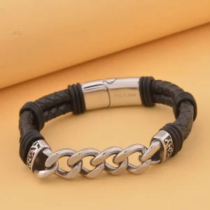 Men's Faux Leather Cord Link Chain Men's Bracelet 