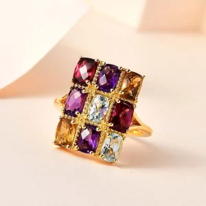 GP Art and Deco Garden Bouquet Collection Multi Gemstones Ring in Vermeil Yellow Gold Over