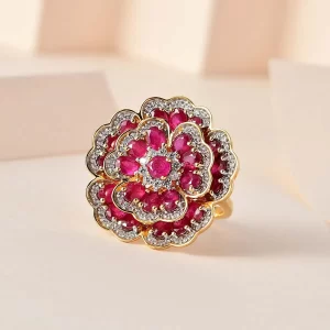 GP Italian Garden Collection Niassa Ruby (FF) and White Zircon Floral Ring in Vermeil Yellow Gold 