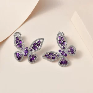 GP Jewelry Collection Premium African Amethyst and White Zircon Butterfly Earrings in Platinum