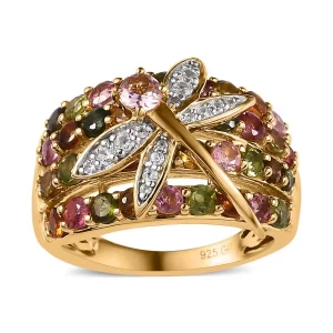 GP Collection Premium Multi-Tourmaline and White Zircon Dragonfly Ring in Vermeil Yellow Gold Over Sterling Silver