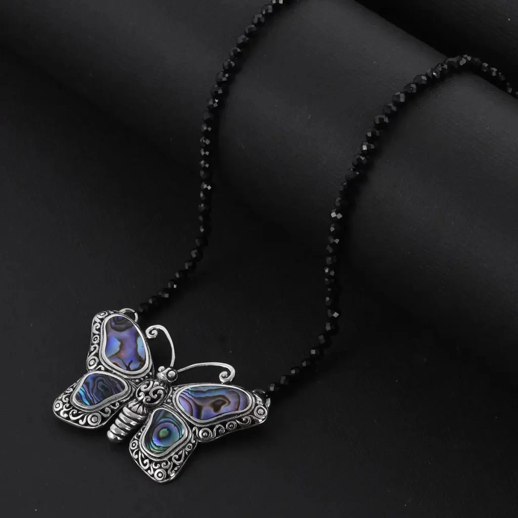 Multi Gemstone silver Necklace abalone shell pendant
