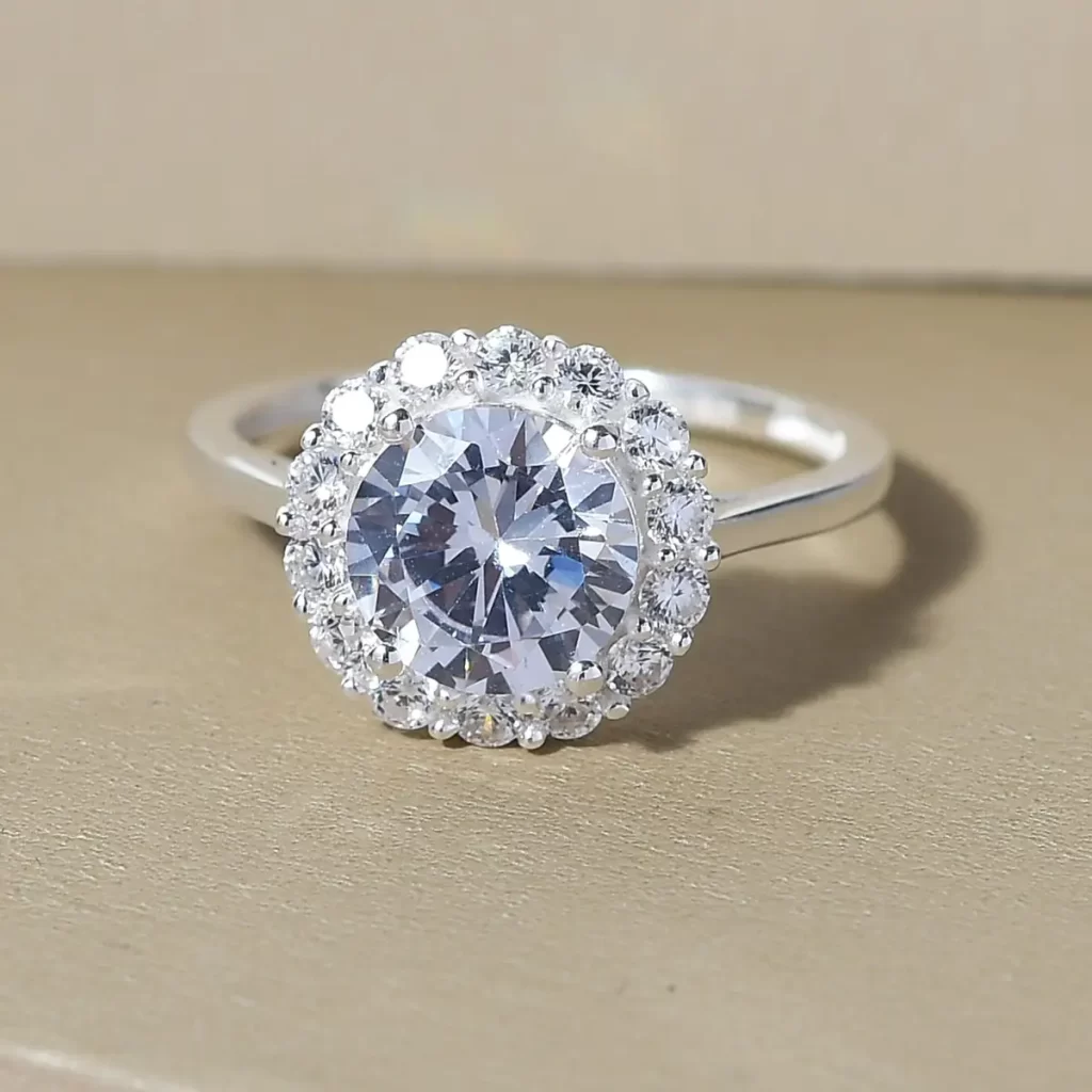 Simulated Diamond Halo Ring in Sterling Silver