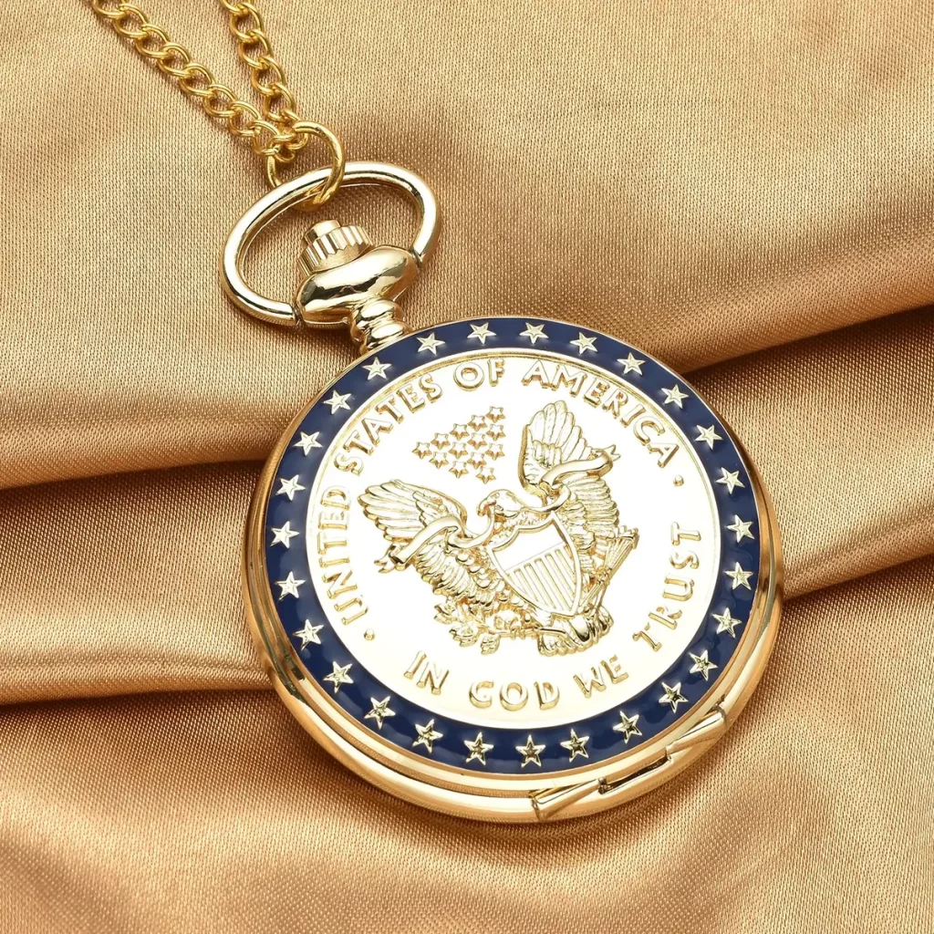 Gifts for Christmas Strada Japanese Movement Golden American Eagle Coin Pattern Pocket Watch with Chain