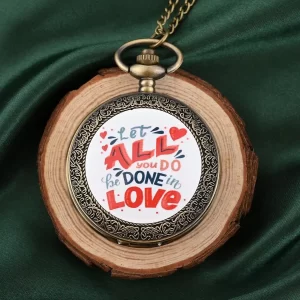 Gift for Cancer Strada Japanese Movement White Bottom All Love Text Pattern Pocket Watch with Antique Bronze Chain