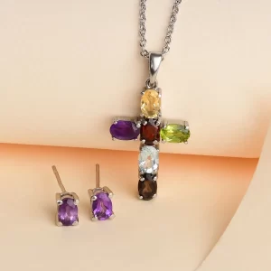 holiday outfits christmas gifts Multi Gemstone Stud Earrings and Cross Pendant Necklace