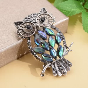 Abalone Shell, Gray and Black Austrian Crystal Owl Brooch