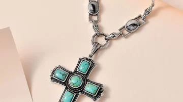Artisan Crafted Blue Moon Turquoise and White Buffalo Cross Necklace in Sterling Silver