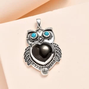 Artisan Crafted Elite Shungite and Sleeping Beauty Turquoise Owl Pendant in Sterling Silver