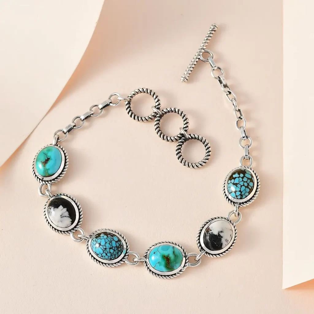 Artisan Crafted Royston Turquoise, Blue Moon Turquoise and White Buffalo Toggle Clasp Bracelet in Sterling Silver