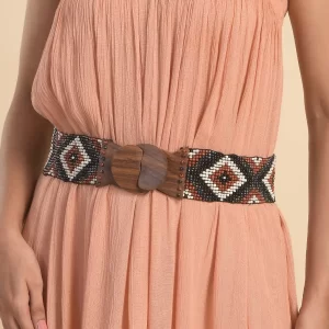 Fashion clearance Handcrafted Brown Multi Color Southwestern Seed Beaded Stretch Belt with Wooden Buckle