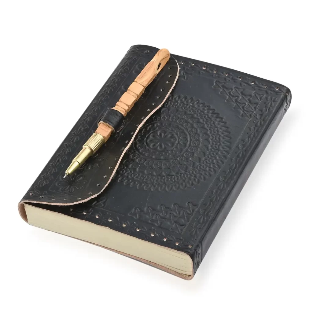 Handcrafted Floral Embossed 100% Genuine Leather Journal with Wooden Pen