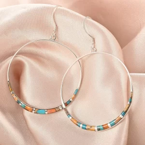 Inlay work southwestern jewelry earrings Santa Fe Style Spiny Turquoise Hanging Hoop Earrings in Sterling Silver