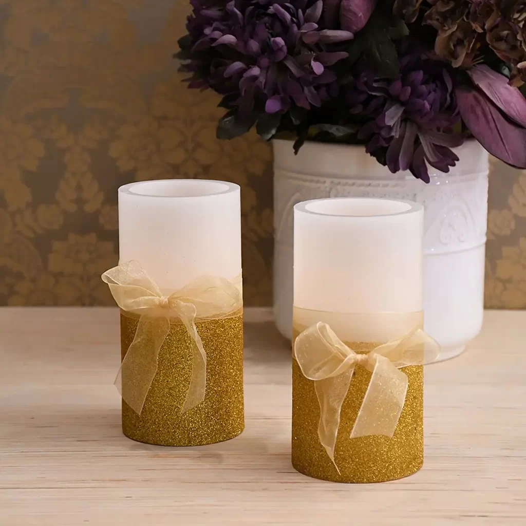 Bow Tie Candles Metallic Gold Embedded Flameless Wax Candles Tied with a Gold Ribbon