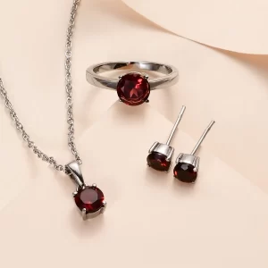 Christmas Jewelry Mozambique Garnet Solitaire Stud Earrings, Ring and Pendant Necklace