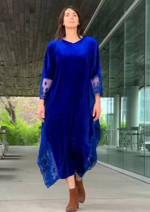 New Year's eve outfits for women over 50 blue velvet kaftan with lace detailing